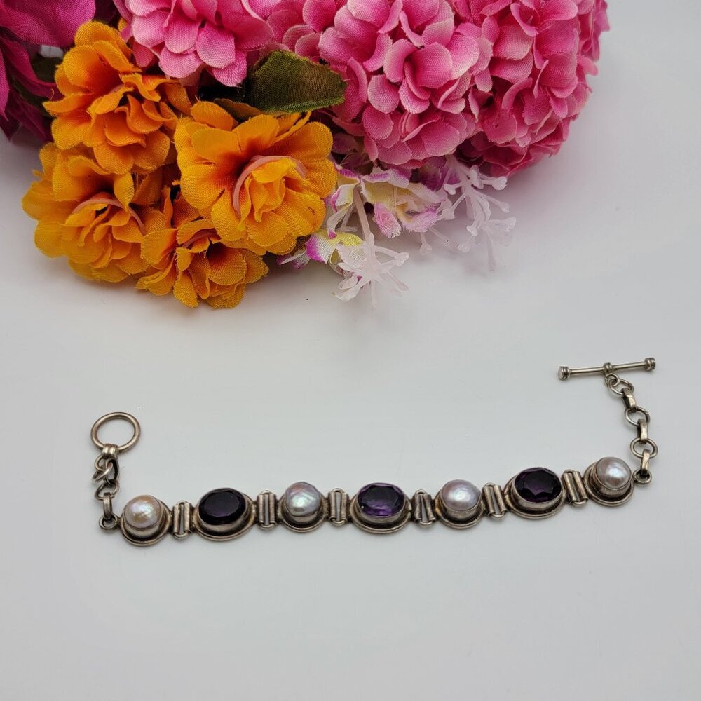 Vintage 925 Sterling Silver Amethyst And Pearl Bracelet 8" Toggle